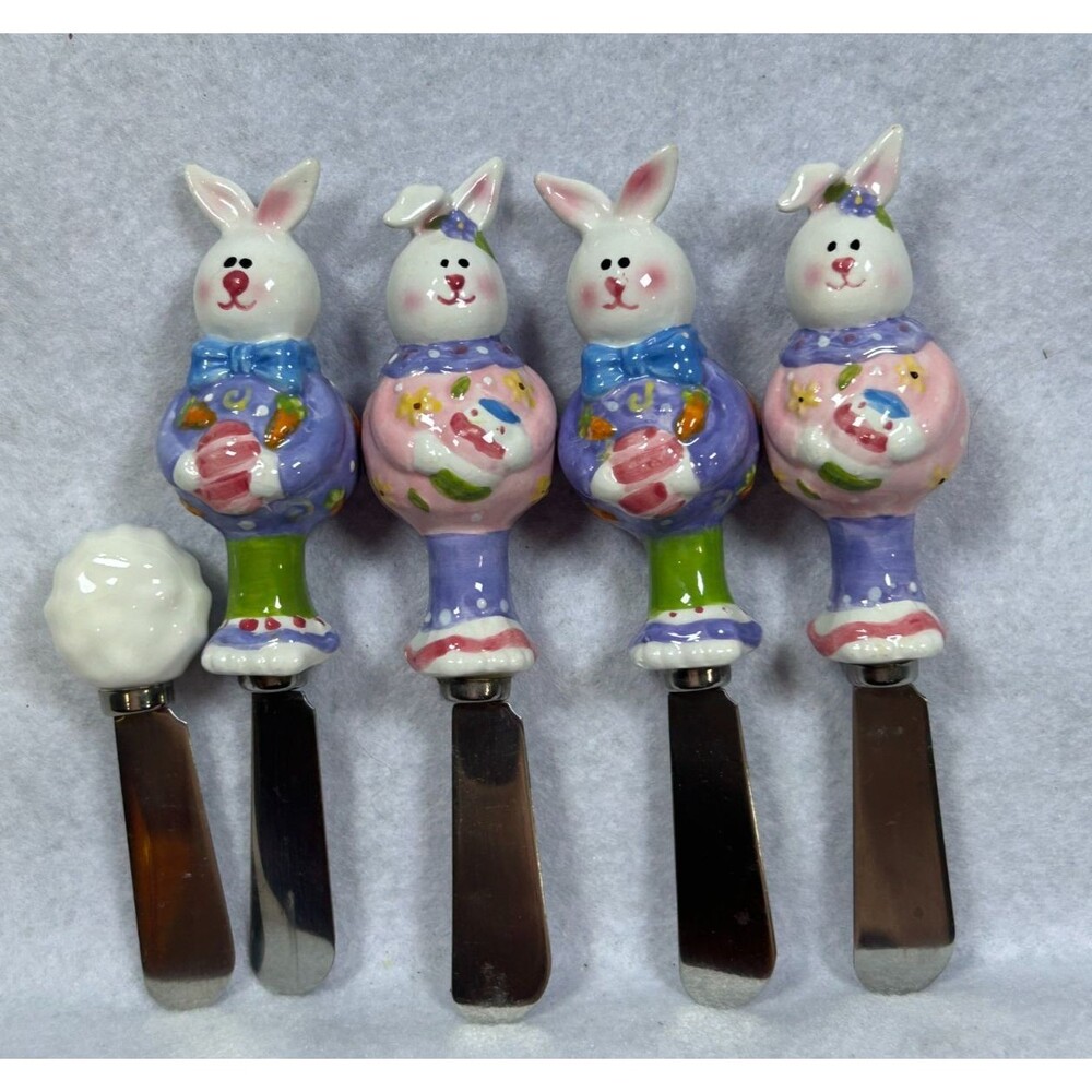 Set 5 Easter Bunny Rabbit Ceramic Cheese Butter Spreaders Knives Spring Decor